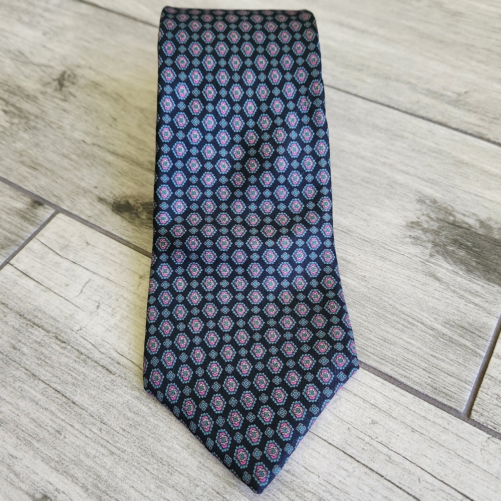Vintage Liberty Of London 100% Silk Tie USA Made Navy Pink Tourquoise Geometric